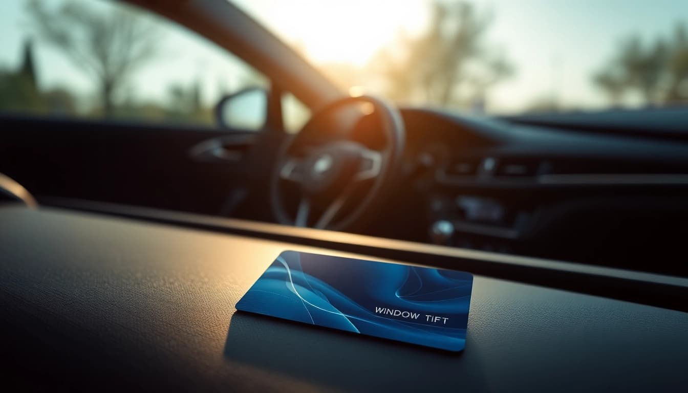 Window tint gift card displayed elegantly on a car dashboard with sunlight filtering through.
