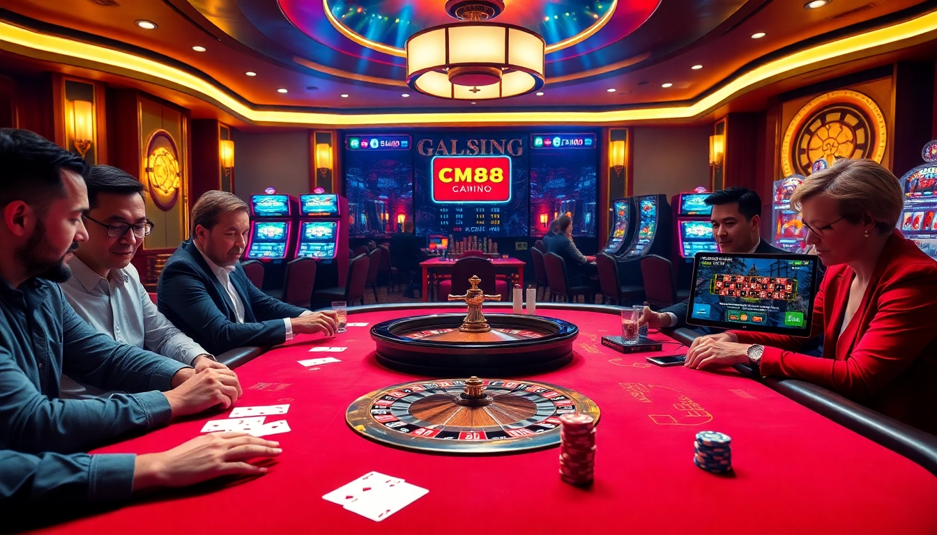 Experience a thrilling poker game at CM88 with vibrant casino tables and luxurious decor.