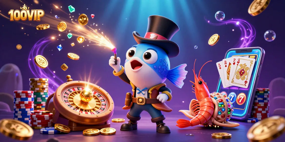 Engage in thrilling gameplay with 100VIP as golden coins cascade around the anglerfish and pirate shrimp.