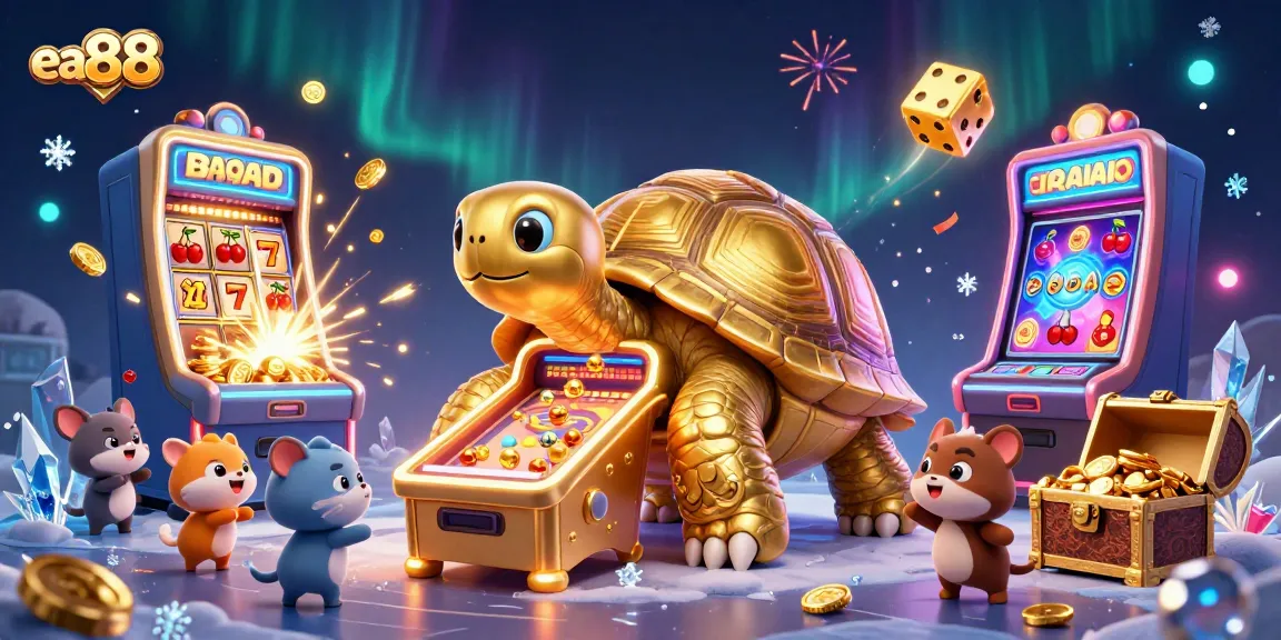 ea88 features an exciting golden tortoise pinball machine and an explosive slot machine scene.