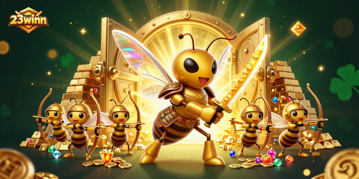 Experience the thrilling action of 23winn with vibrant golden hornet warriors in a lavish casino scene.