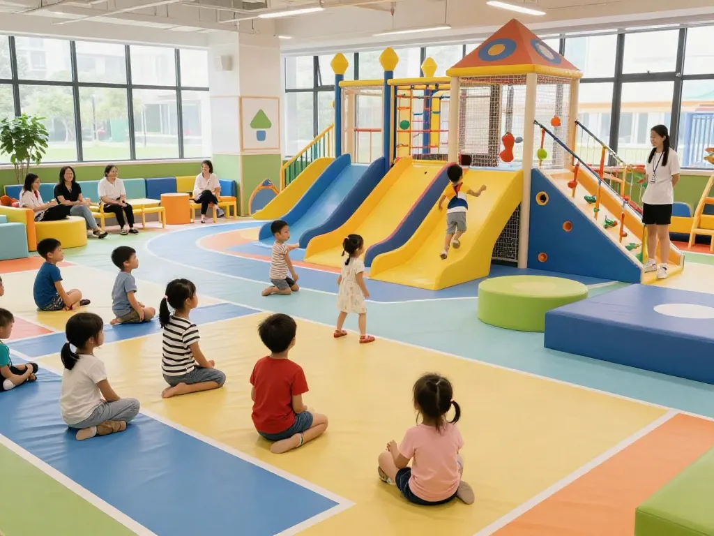 Children playing safely at rokok88 indoor playground with vibrant equipment and trained supervisors