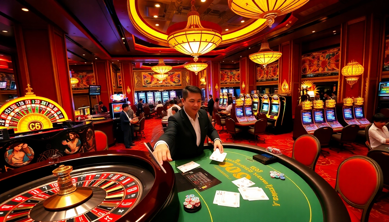 Players enjoying high-stakes action at GA888 casino tables with vibrant casino decor.