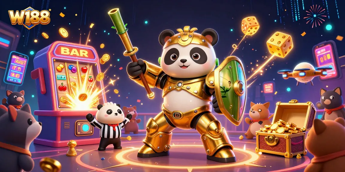 Experience W188's thrilling casino adventures with a mech-suit panda battling amidst slot machines and cheer.