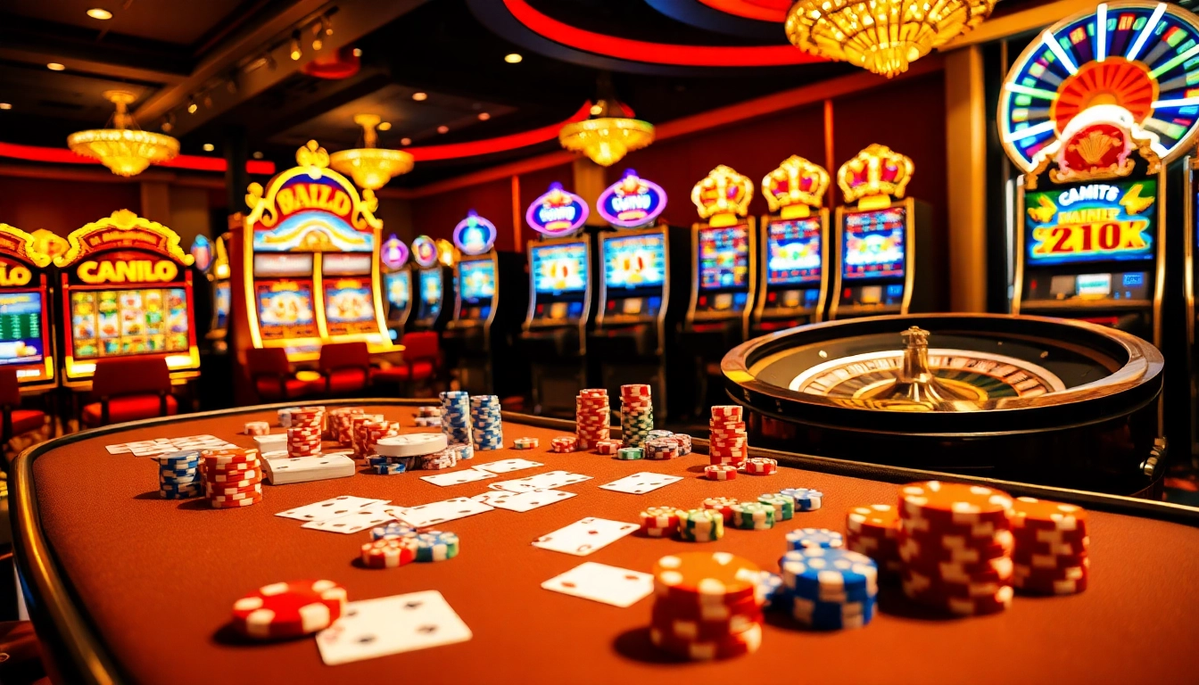 Experience gambling thrill at cm88.com with dynamic casino scene featuring poker chips and slot machines.