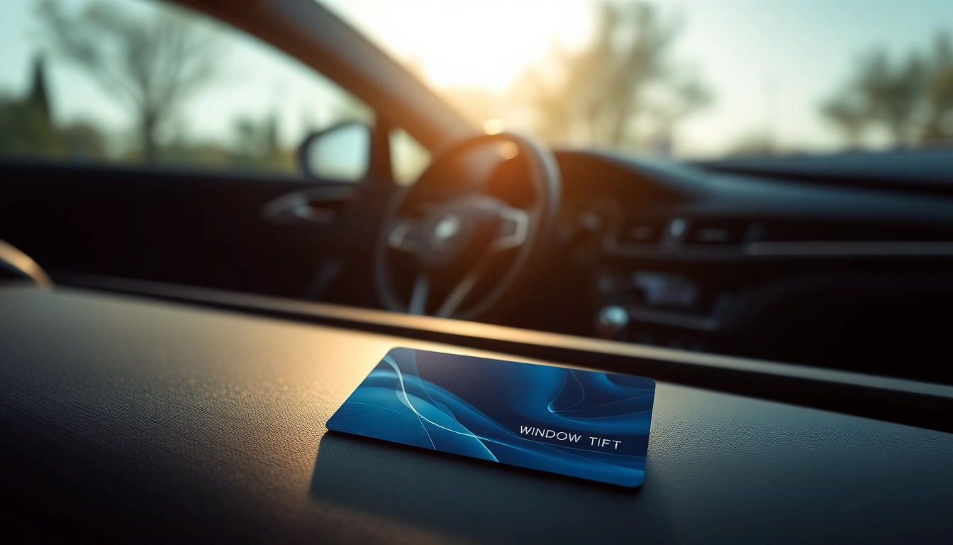 Window tint gift card displayed elegantly on a car dashboard with sunlight filtering through.