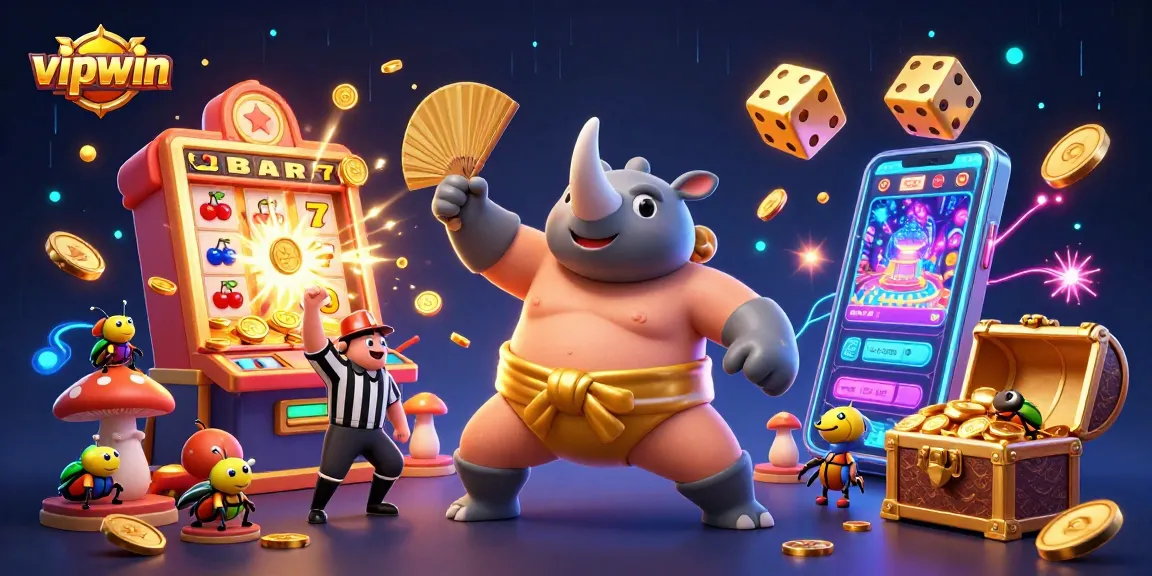 Experience the exciting world of vipwin with a 3D sumo beetle champion surrounded by dynamic casino game elements.