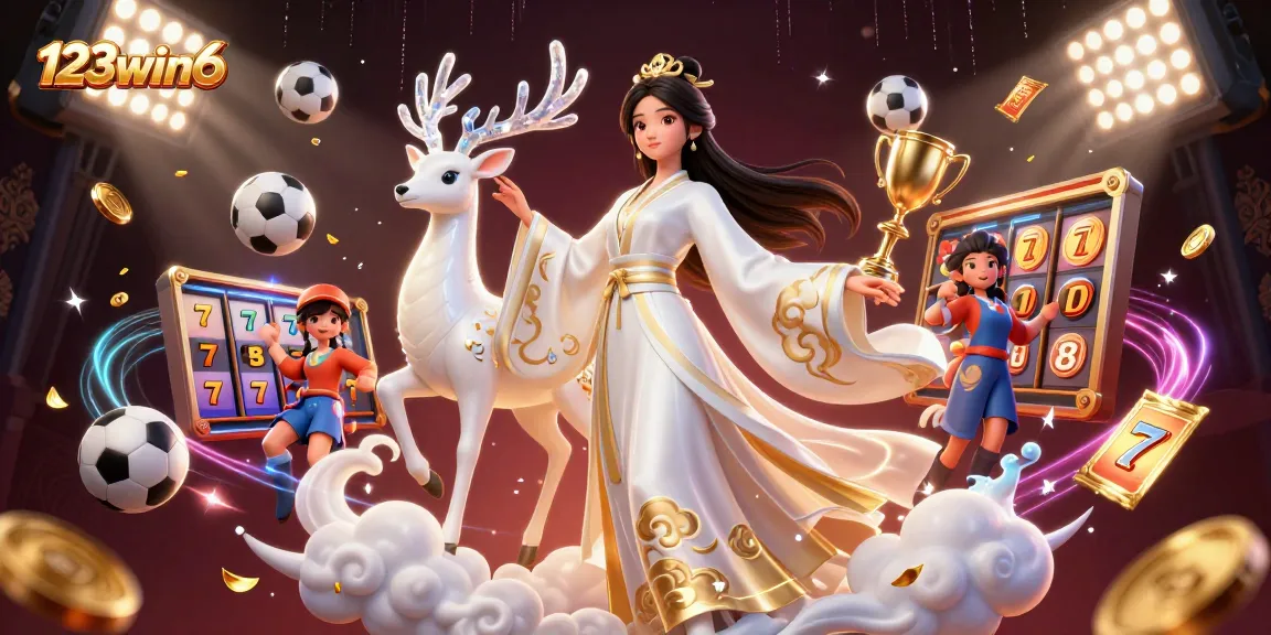 Engage with 123win6 as a beautiful woman celebrates wins among vibrant gambling elements.