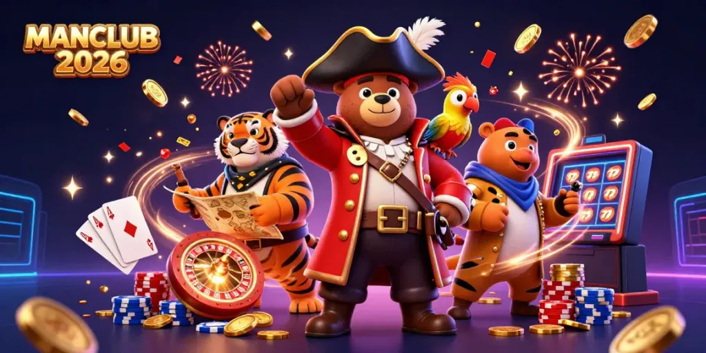 Experience the thrill of gambling with MANCLUB 2026 as pirate characters celebrate big wins amidst spinning roulette wheels and golden coins.