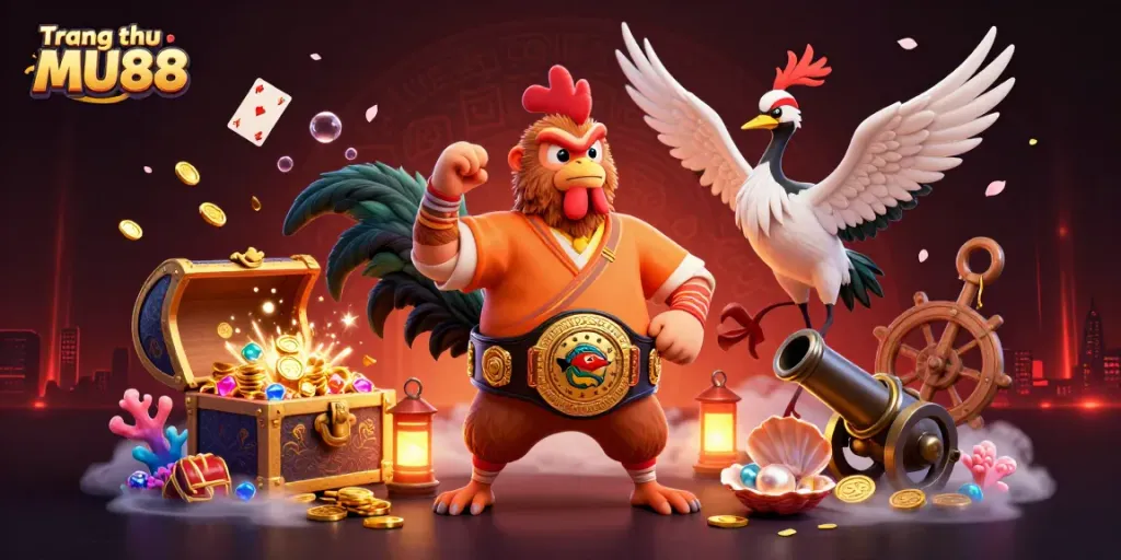 Engage with thrilling action at Trang chủ MU88 featuring a lively 3D Muay Thai rooster and a Shaolin monkey amid rich gambling symbols.