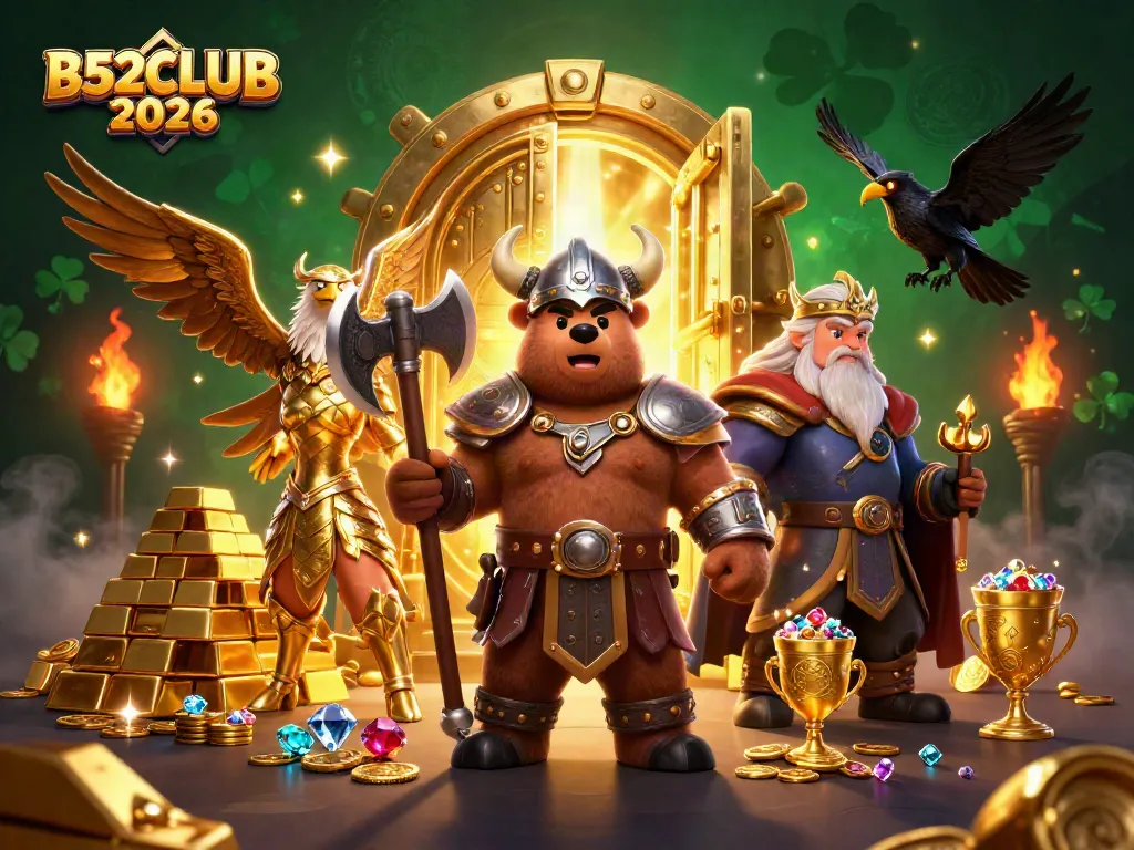Experience B52CLUB 2026 with dynamic casino adventures featuring treasure chests and slot games.