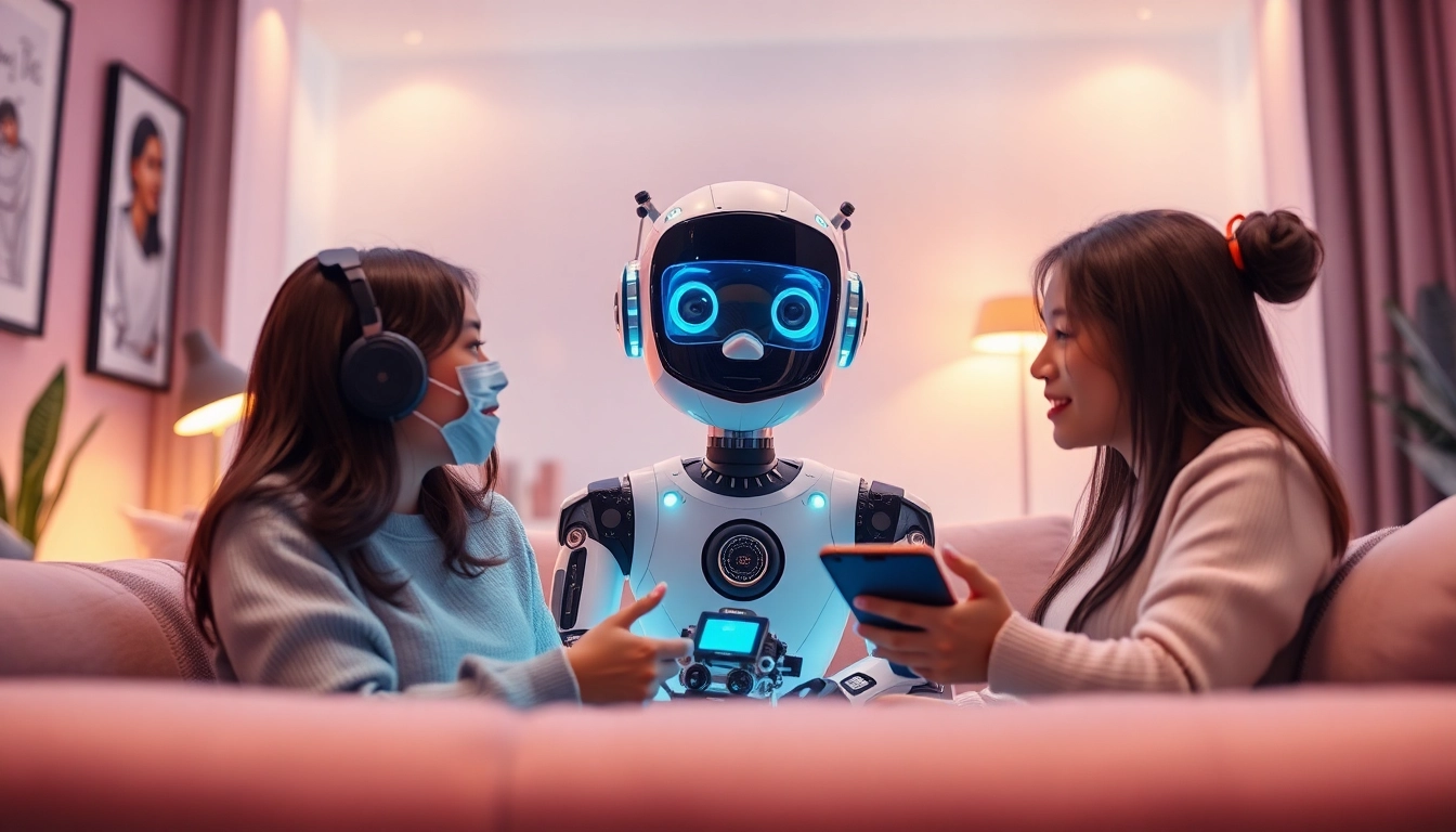Engaging chat experience with CrushOn AI character in modern virtual setting.
