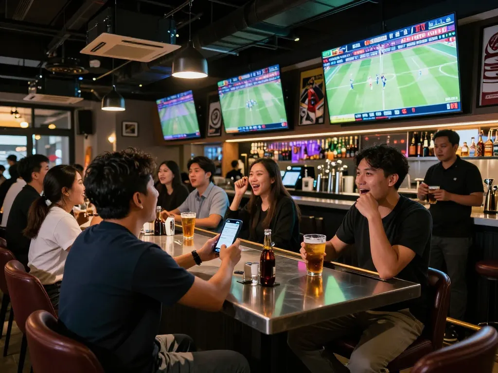 Betting on kèo nhà cái trực tiếp in an energetic sports bar filled with fans