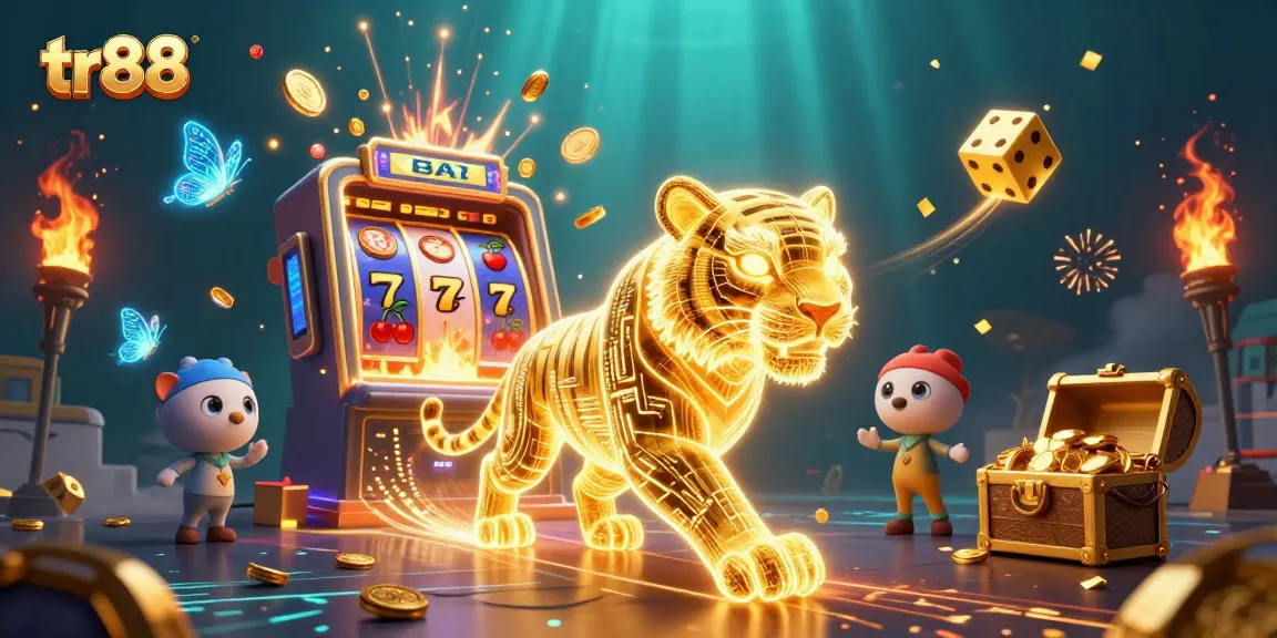 Experience thrilling wins at tr88 with a neon-wireframe tiger in a vibrant casino scene.