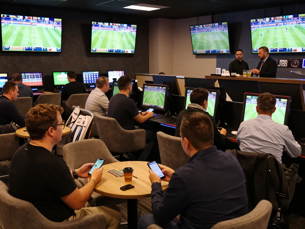 Engaged bettors analyzing sports odds at J188's dynamic betting lounge, experiencing excitement.