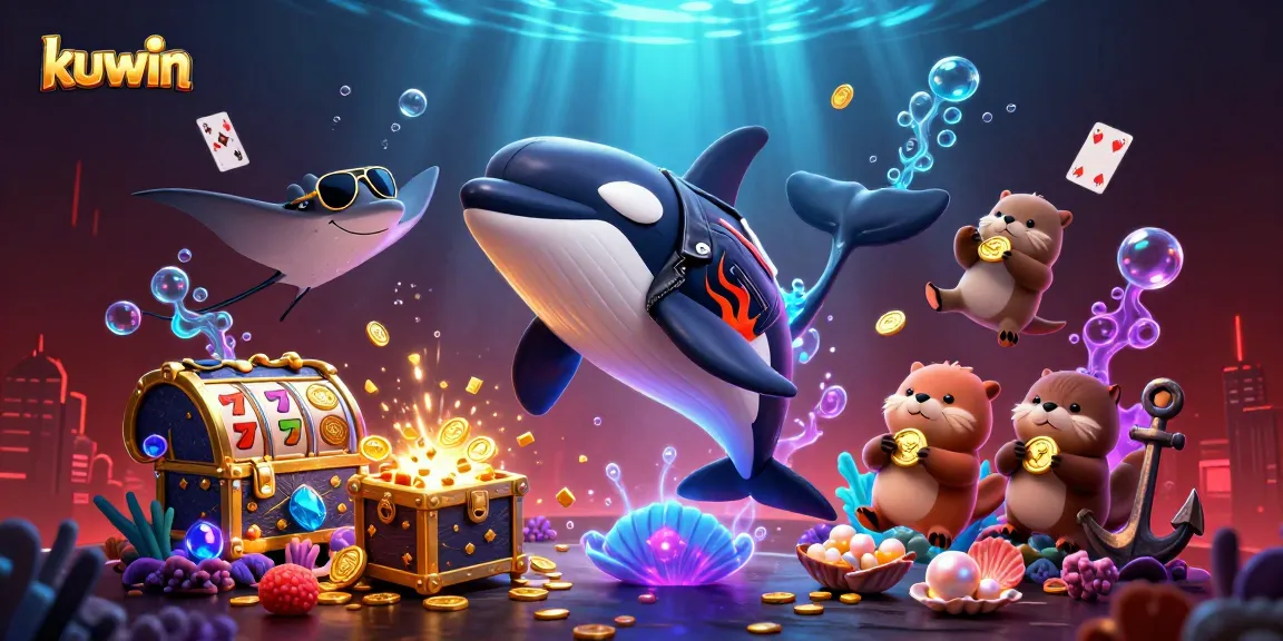 Experience the thrill with kuwin as sea otters hold golden coins amidst exciting slot game elements.