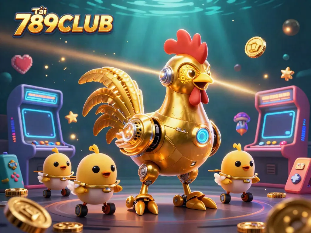 Experience high-energy gaming with the captivating Tải 789CLUB illustration showcasing a dynamic golden rooster robot.