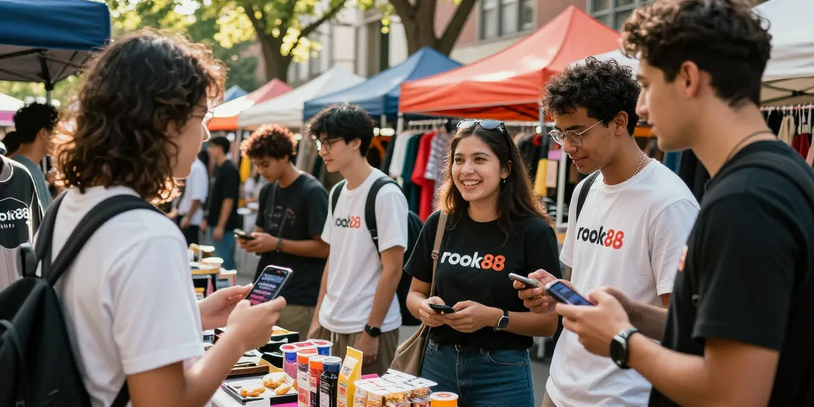 Vibrant lifestyle market scene with young adults exploring trendy rokok88 merchandise.