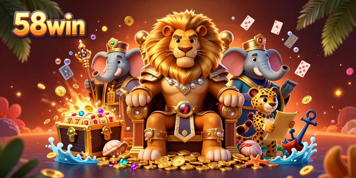 Experience the excitement of 58win with our vibrant casino illustration featuring a regal lion and thrilling slots.