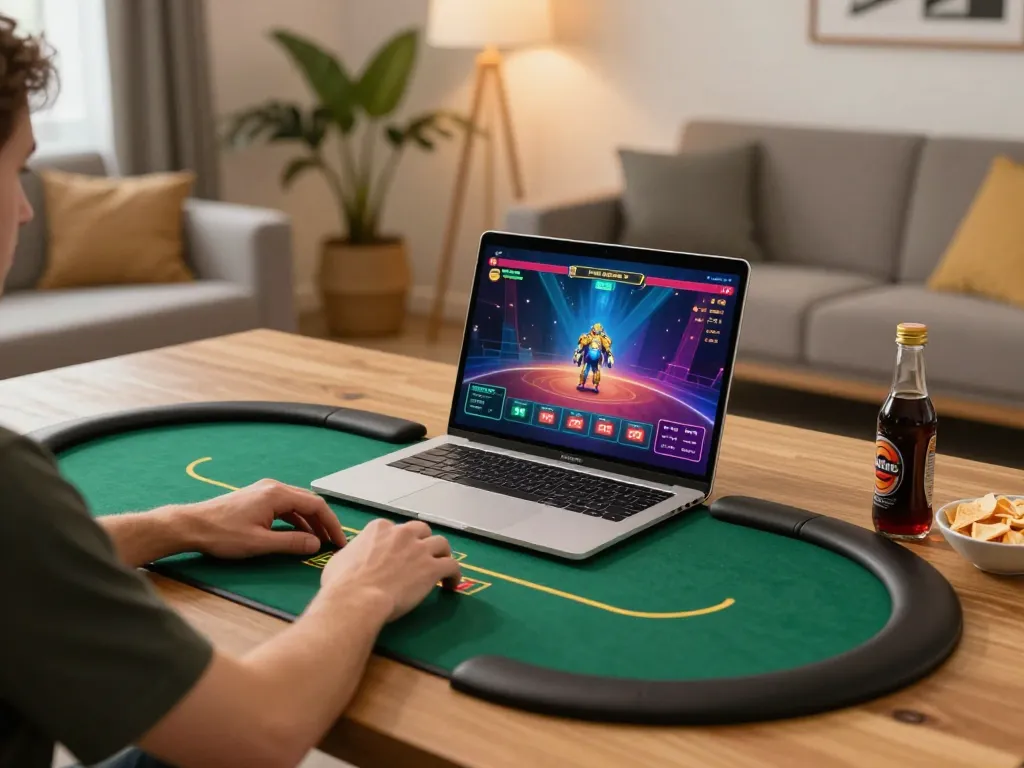 Engaged player utilizing 98win đăng nhập for online poker in a modern home gaming setup.