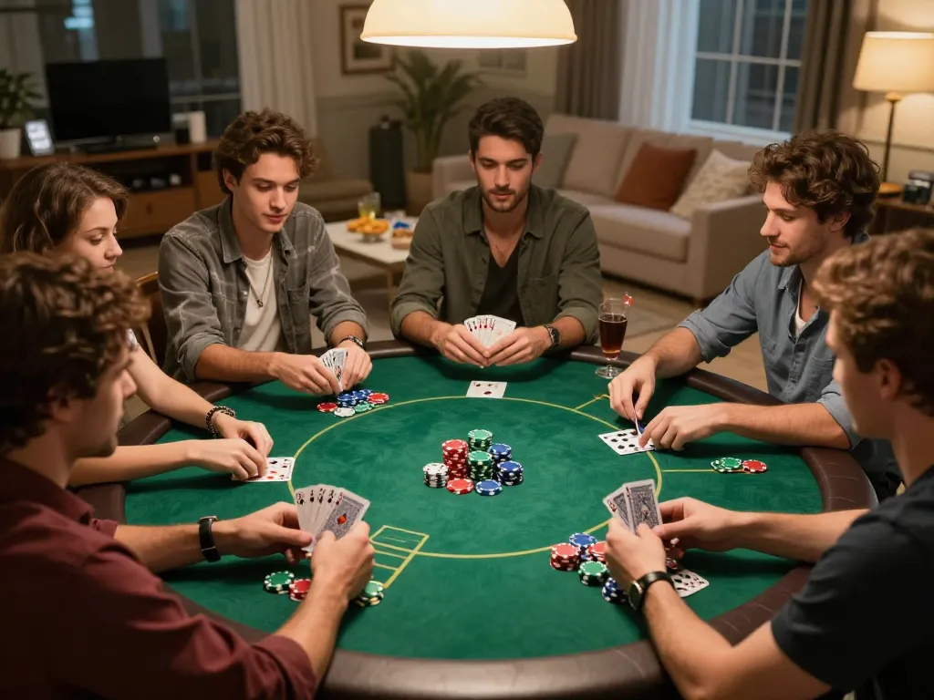 Friends enjoying a poker game night at home with torxentertainment inspired chips and cards.