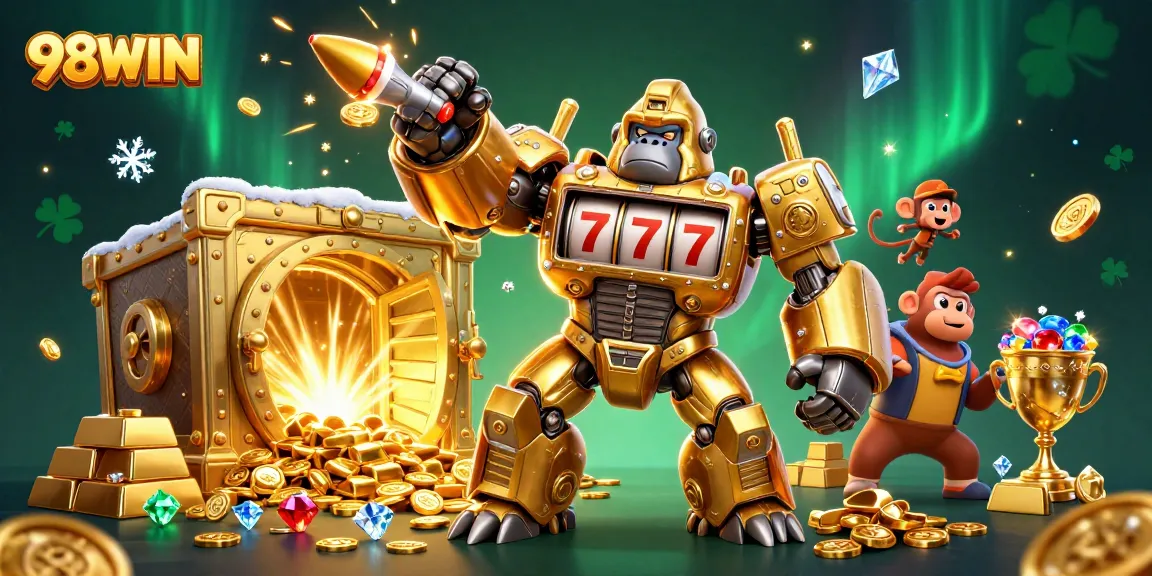 Experience the thrill of 98WIN with interactive golden gorilla mech and dazzling casino treasures.