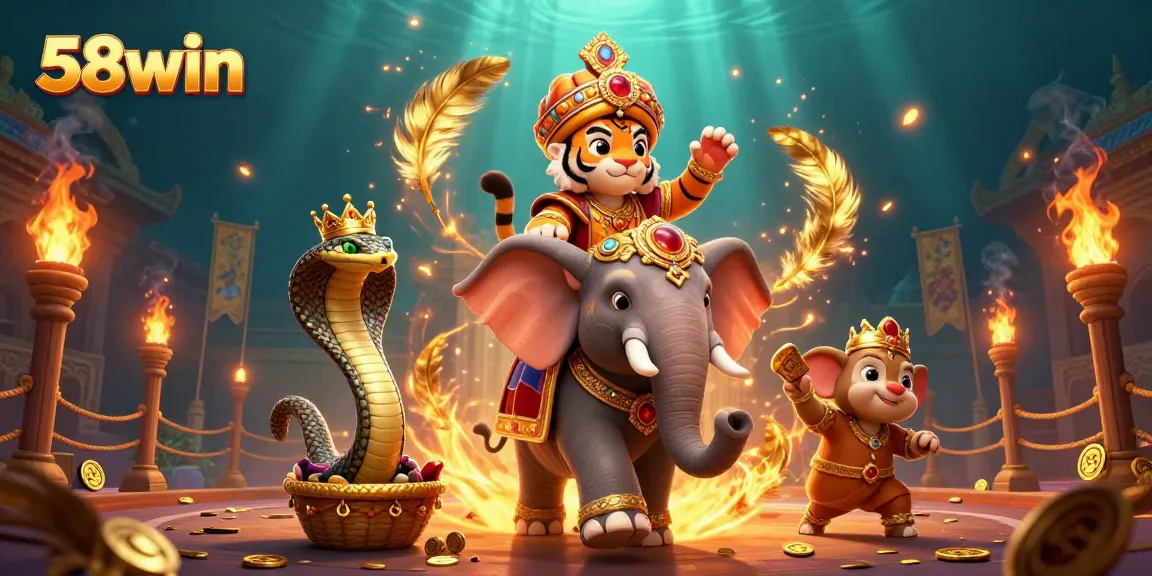 Engage in thrilling 58win adventures with a regal elephant and enchanting tiger in a vibrant casino scene.