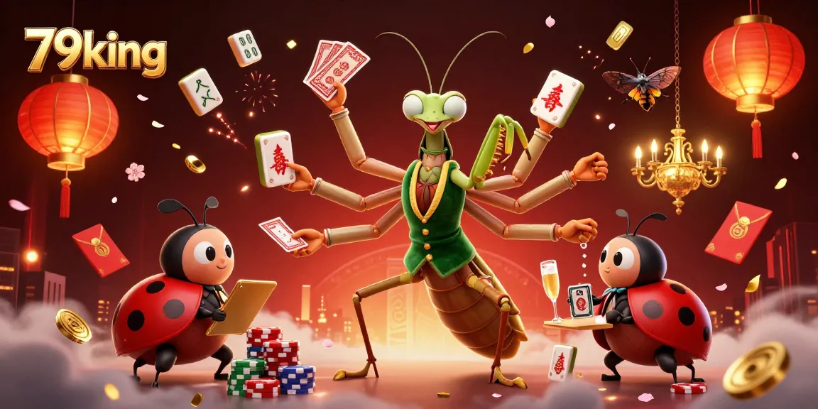 Experience the thrill of 79king as the giant mantis deals cards and pours champagne in a vibrant casino setting.