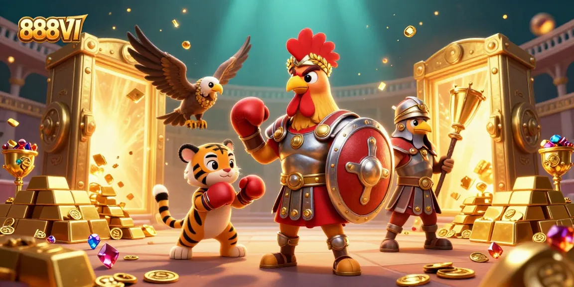 Engage in thrilling games at 888VI with our exciting gladiator-themed casino illustration.