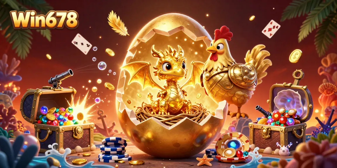 Win678 players enjoy an exciting casino experience as golden dragon emerges from eggshell amidst poker chips and treasures.