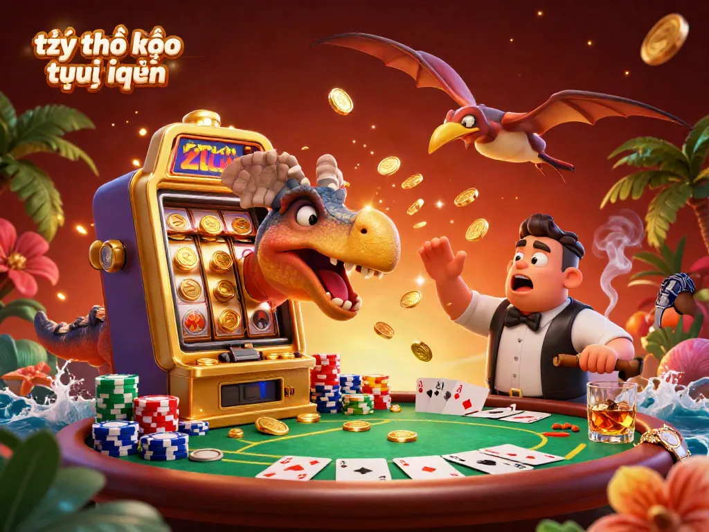 A lively scene capturing tỷ lệ kèo trực tuyến where a dinosaur interacts with a golden slot machine as coins rain down, combined with poker elements.