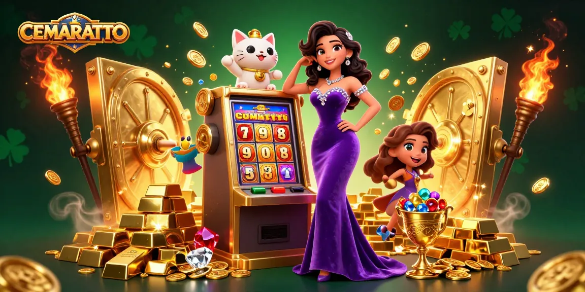 CEMARATOTO showcases a glamorous jackpot scene with a fortune cat, gold, and jewels.