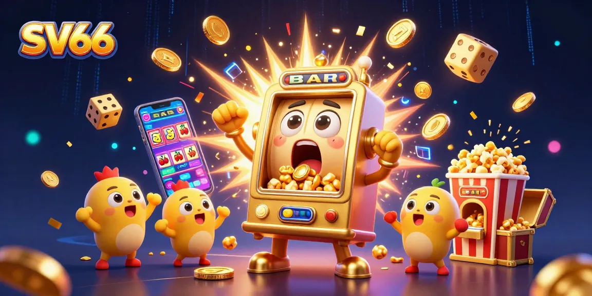 SV66 slot machine hits jackpot, coins pouring as baby slots cheer in vibrant casino scene