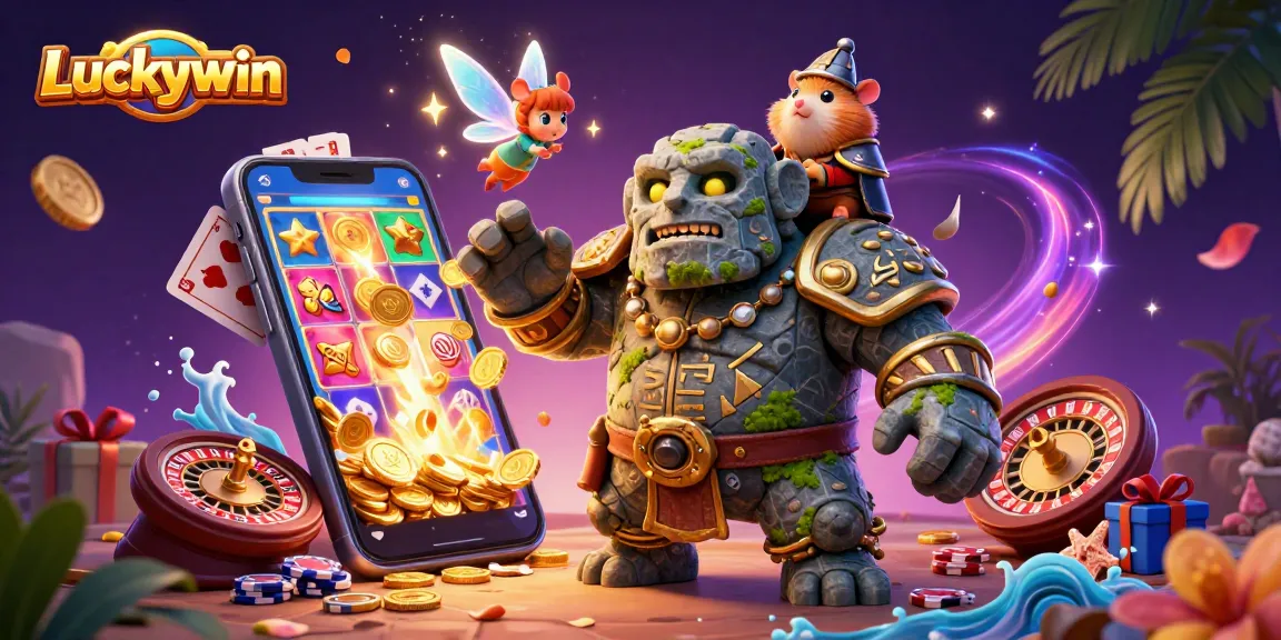 Experience Luckywin's thrilling gaming adventure with a glittering scene of characters and casino elements.