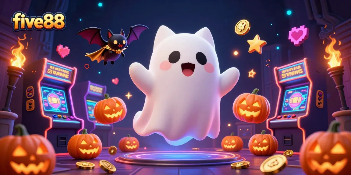 Experience thrilling games at five88 with a friendly ghost cat and vibrant casino elements.