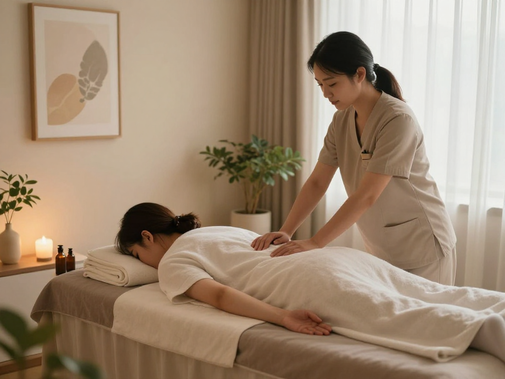 Enjoying a 시흥출장마사지 in a peaceful home setting with a professional therapist.