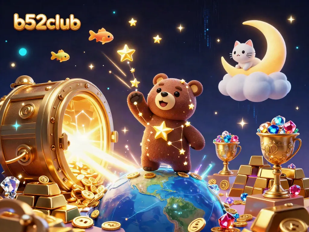 Engage with b52club's unique gaming experience, featuring playful characters and sparkling treasures.
