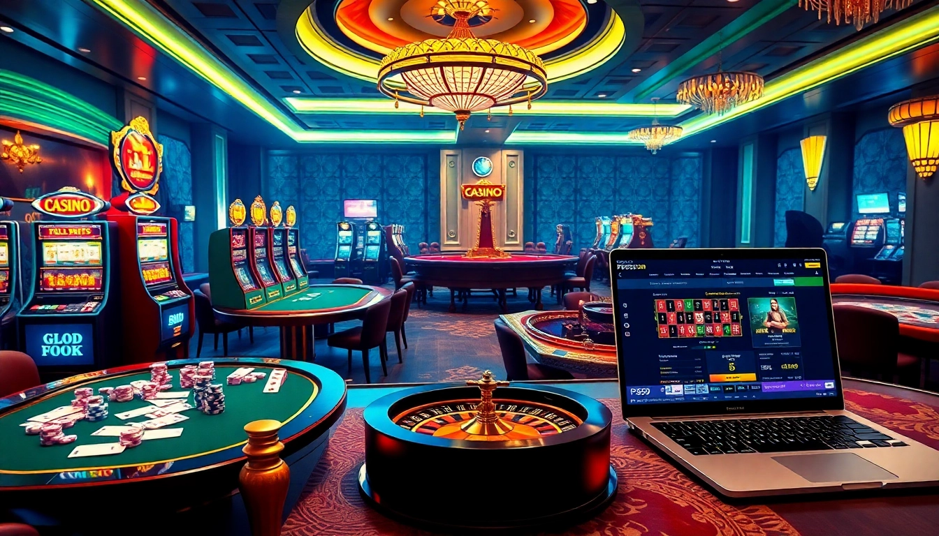 Experience the luxury of online gambling at PS99 COM with vibrant casino tables and slot machines.