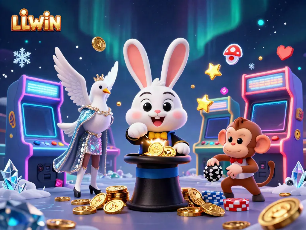 Experience the excitement of gaming at link LLWIN with a colorful 3D illustration of characters in a vibrant casino atmosphere.