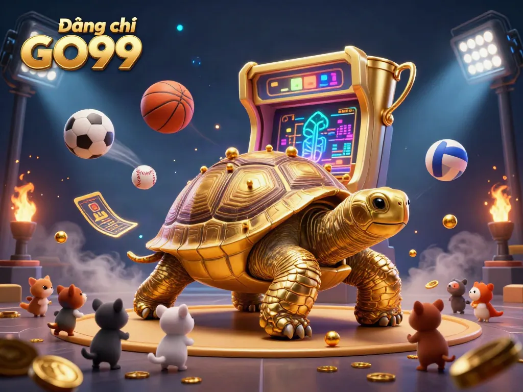 Engage with Đăng ký GO99 to unlock rewards with an illustration of a golden tortoise pinball machine surrounded by exciting gaming elements.