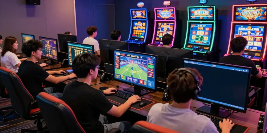 A lively gaming hub scene featuring players enjoying gem88's diverse betting options including sports and casino games.
