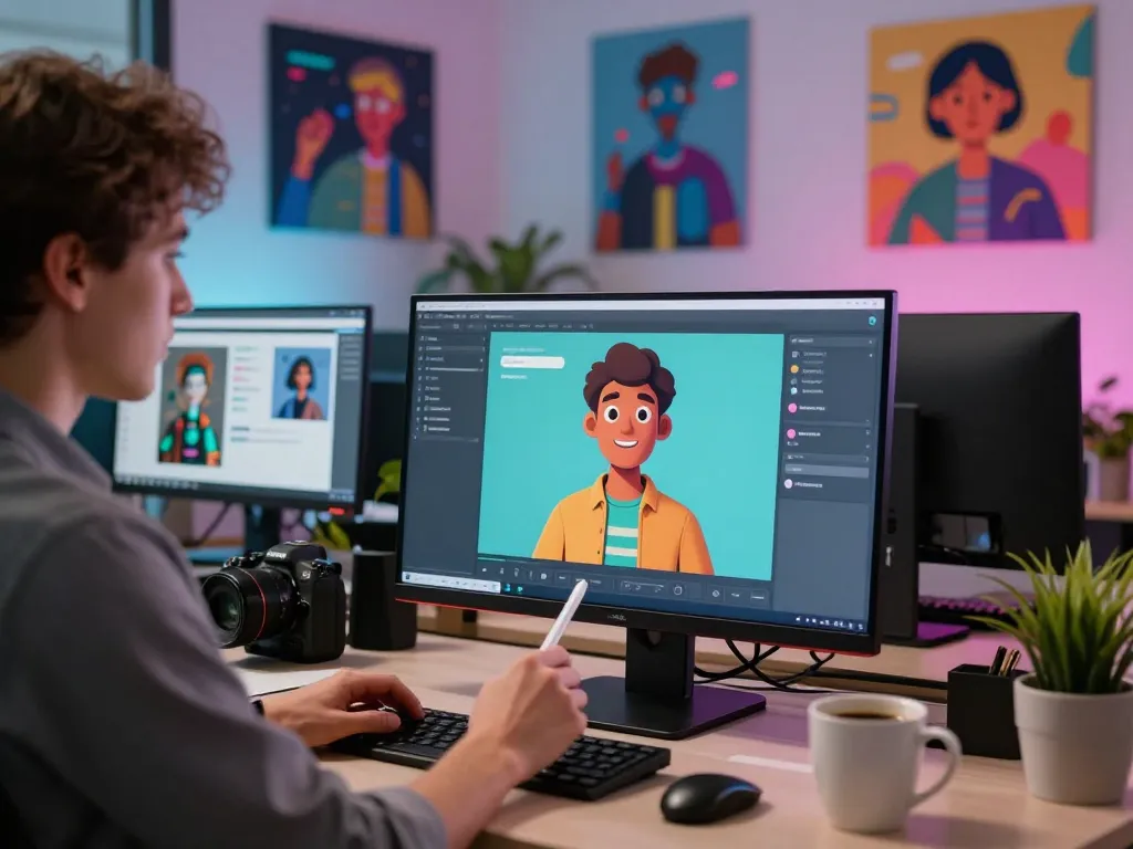 Crushon AI character design interface in a modern workspace with vibrant lighting.