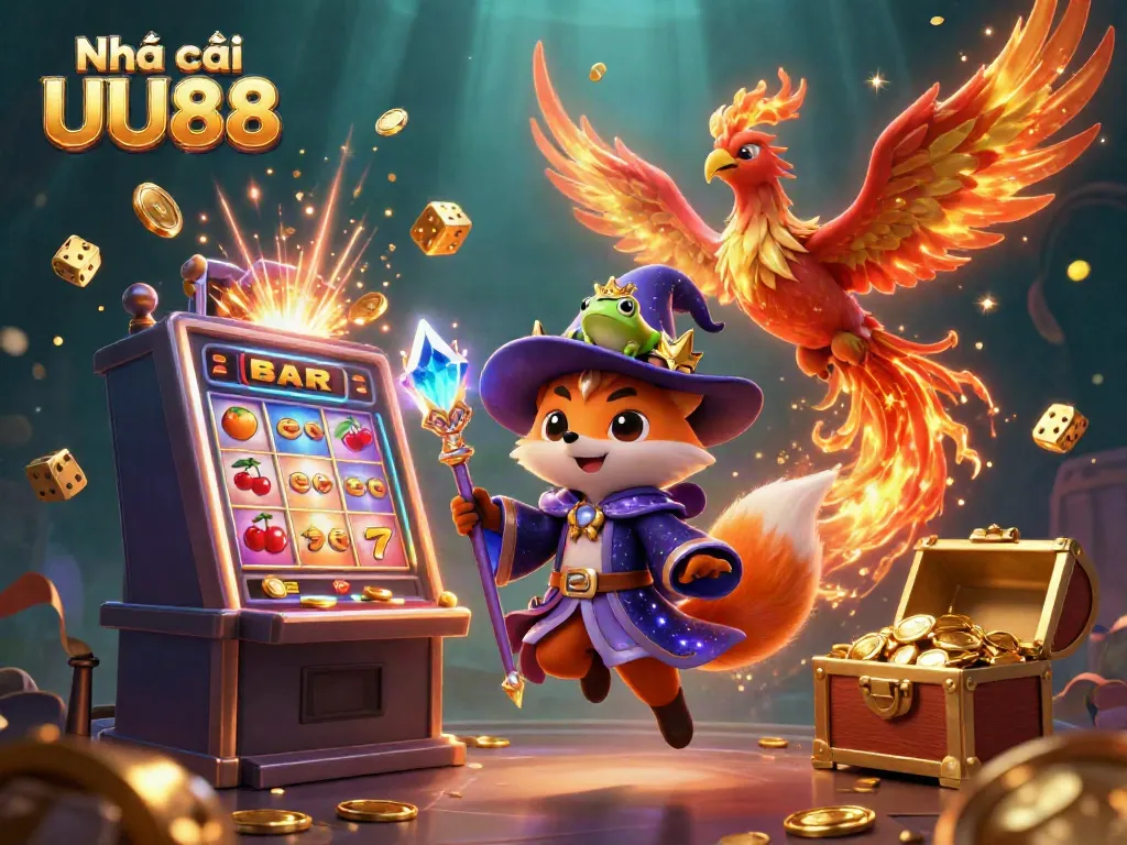 Experience thrilling jackpots with Nhà cái UU88 in this vibrant 3D casino scene filled with excitement and gold.