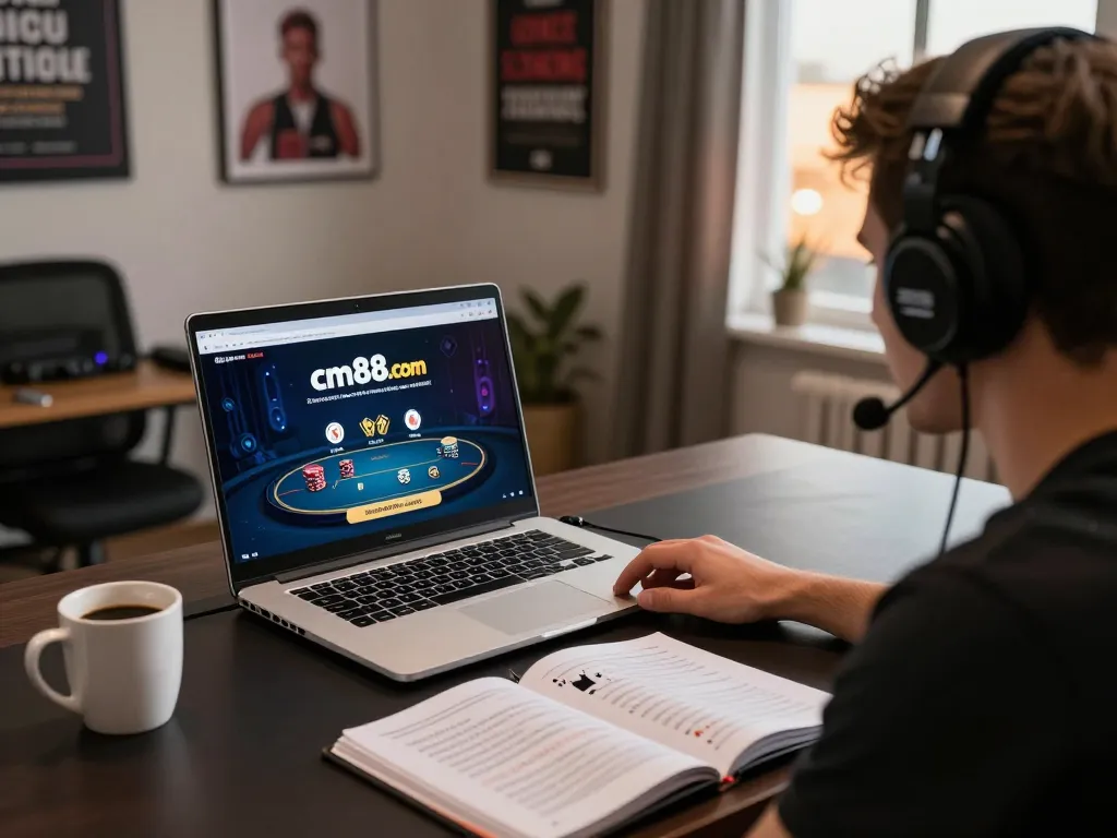 Playing poker on cm88.com with an inviting gaming setup and strategic notes.