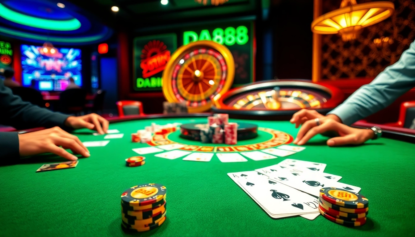 Catch the thrilling action at DA88 casino with vibrant poker chips and an exciting roulette wheel.