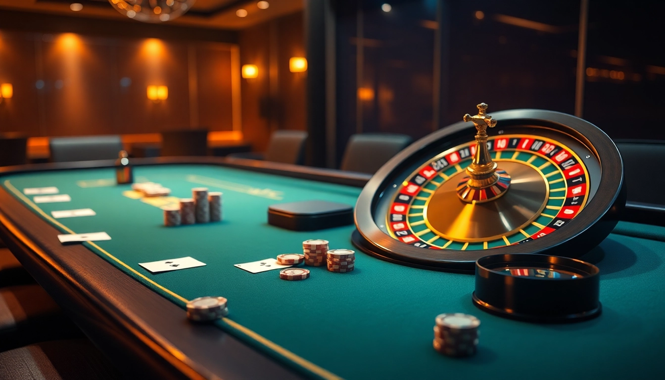 Exciting gaming scene at https://888new.jpn.com/ with poker table and roulette wheel under ambient lighting.