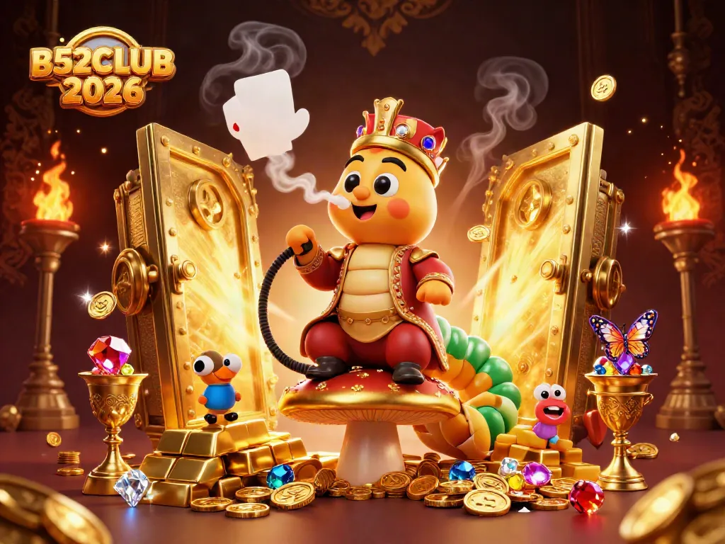 Experience the excitement of B52CLUB 2026 with a vibrant casino-themed 3D illustration featuring characters and opulent game elements.