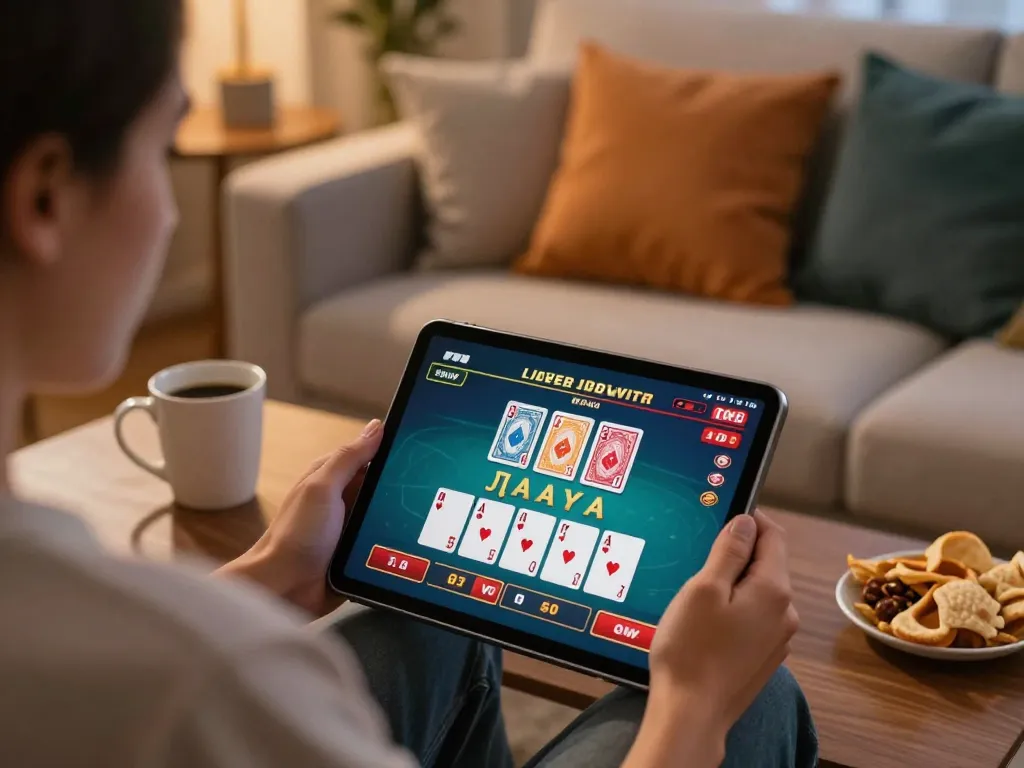Engaging user playing blackjack on MM88 COM tablet at home, showcasing cozy entertainment.