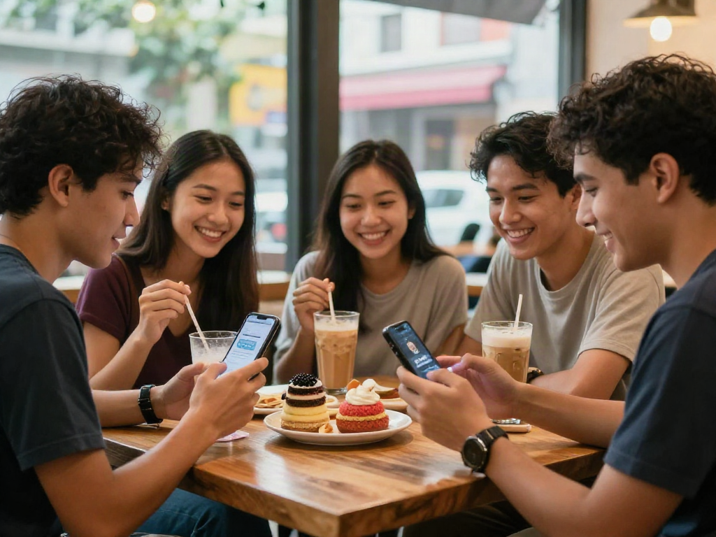 Friends enjoying time together at café, accessing rokok88 link alternatif on smartphone, inviting atmosphere