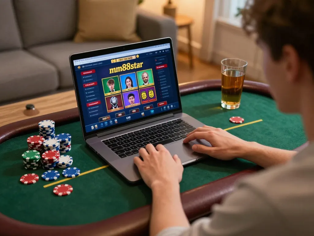 Engaged player navigating mm88star online gambling interface at home, reflecting excitement in gameplay.